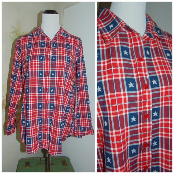 Collections Etc Women's Collared Button Down Shirt Plaid Cotton Stars Size Large - Picture 1 of 7